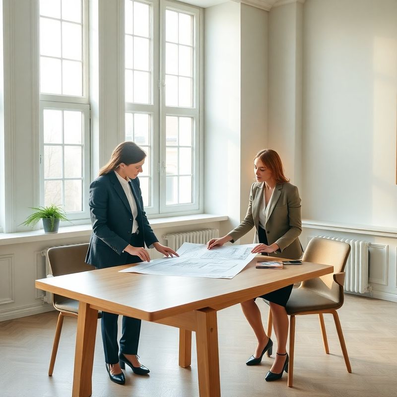 Dvaja konzultanti v minimalistickej kancelárii študujú architektonické výkresy